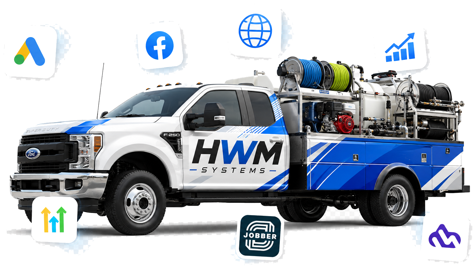 HWM Systems pressure washing truck surrounded by the tools we plug into for our clients